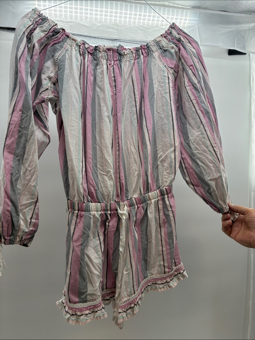 Victoria's Secret Pink, Gray & White Striped Off-Shoulder Romper